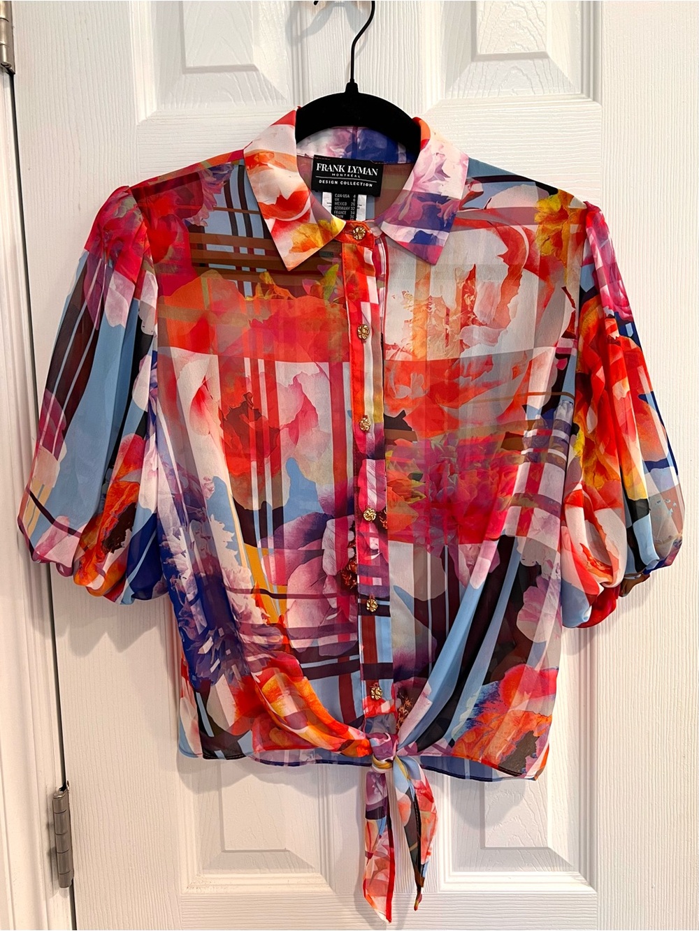 Stunning Unique Multicolor Floral Sheer Button Tie Front Blouse Top Frank Lyman